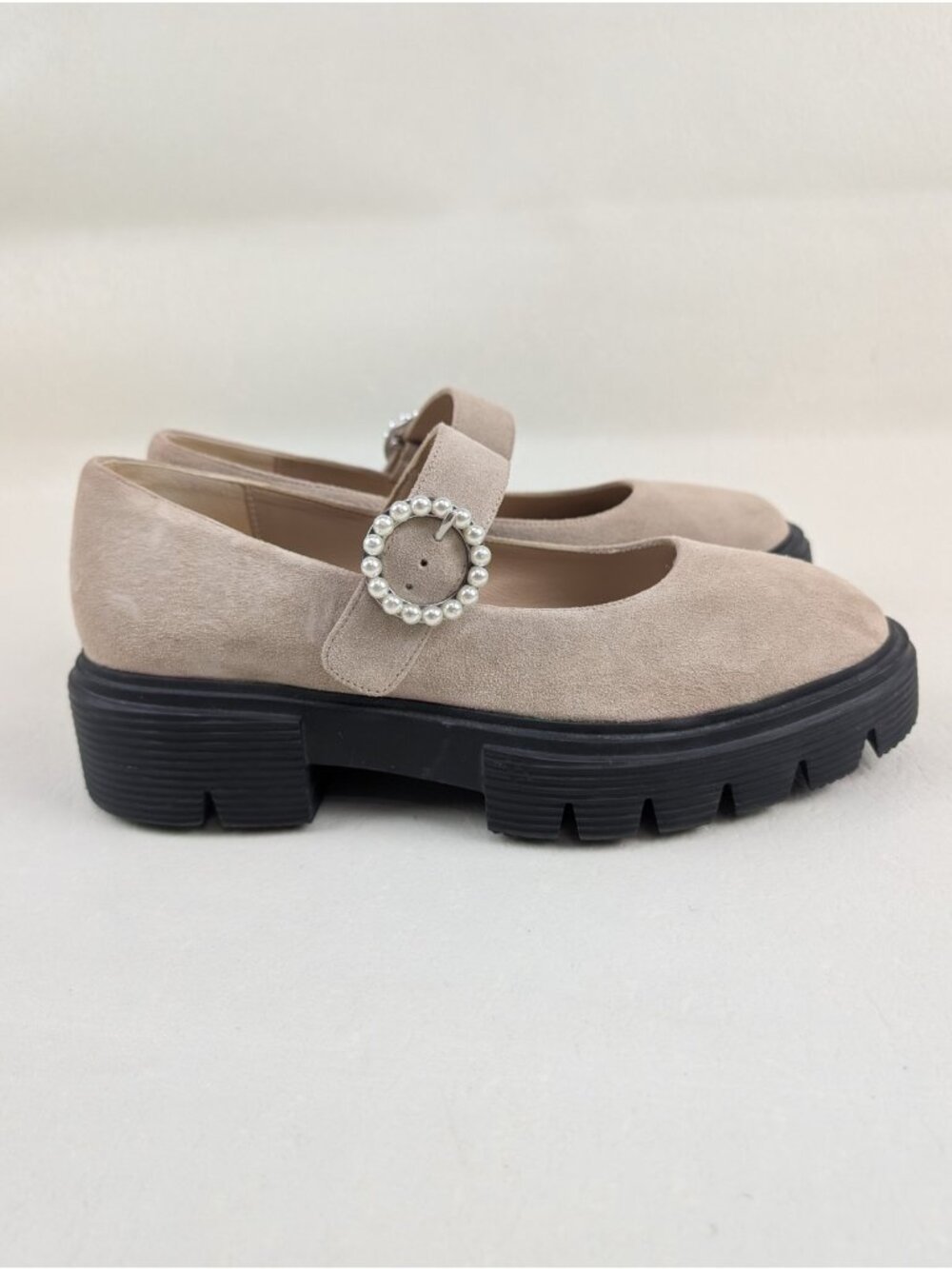 Stuart Weitzman Nolita Pearly Mary Jane Loafer Women 9 Beige Suede Platform Shoe